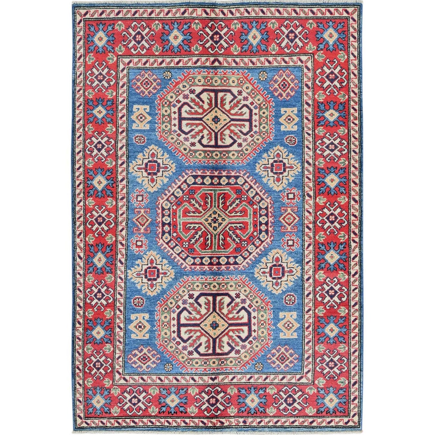 4'1"X6' Blue Kazak With Geometric Design Hand Knotted All Wool Oriental Rug