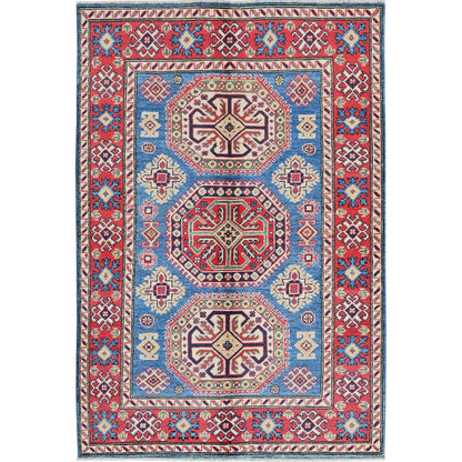 4'1"X6' Blue Kazak With Geometric Design Hand Knotted All Wool Oriental Rug