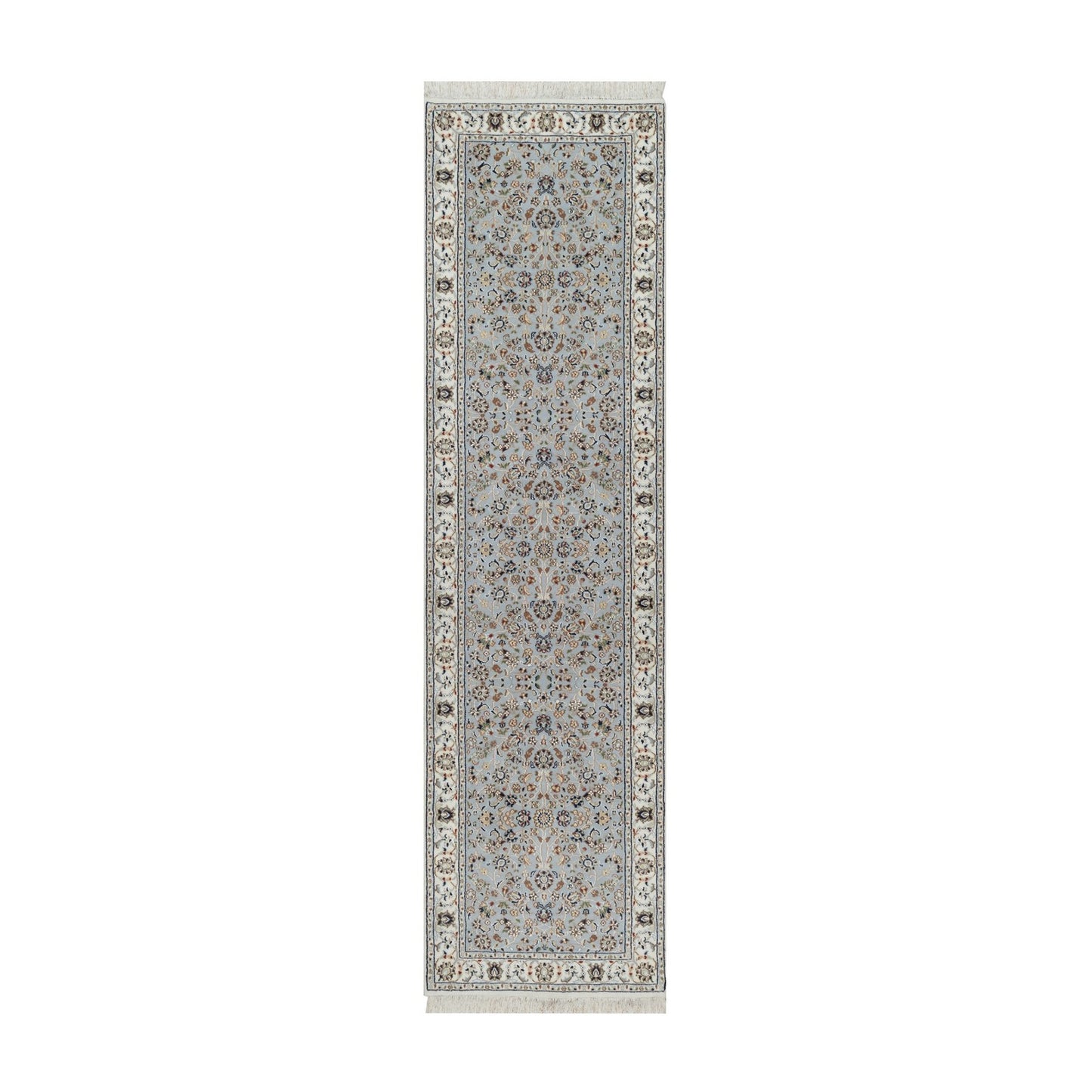 2'8"X10'1" Blue Wool And Silk Nain Floral Pattern Hand Knotted Runner Rug