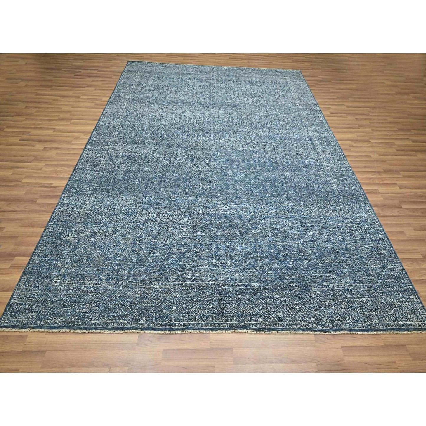 8'1"X10' Denim Blue Hand Knotted Wool And Silk Rug Intricate Tree Design