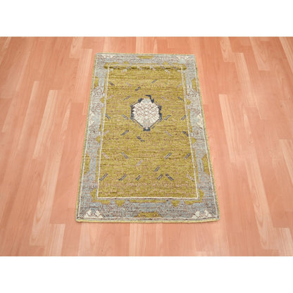 2'1"X3'2" Golden Yellow Pinecone Design 100% Wool Hand Knotted Rug