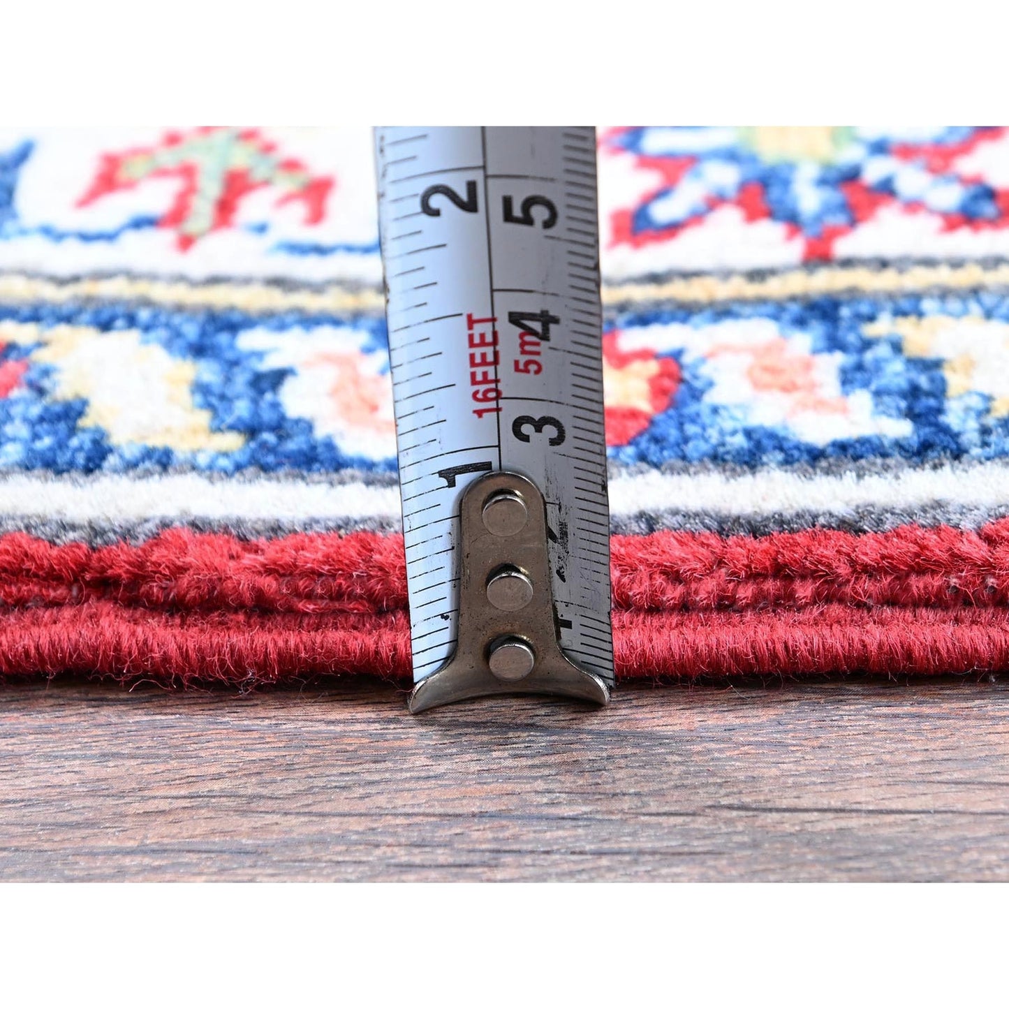 2'9"X6'6" Red Kazak With Geometric Design Soft Wool Hand Knotted Runner Rug