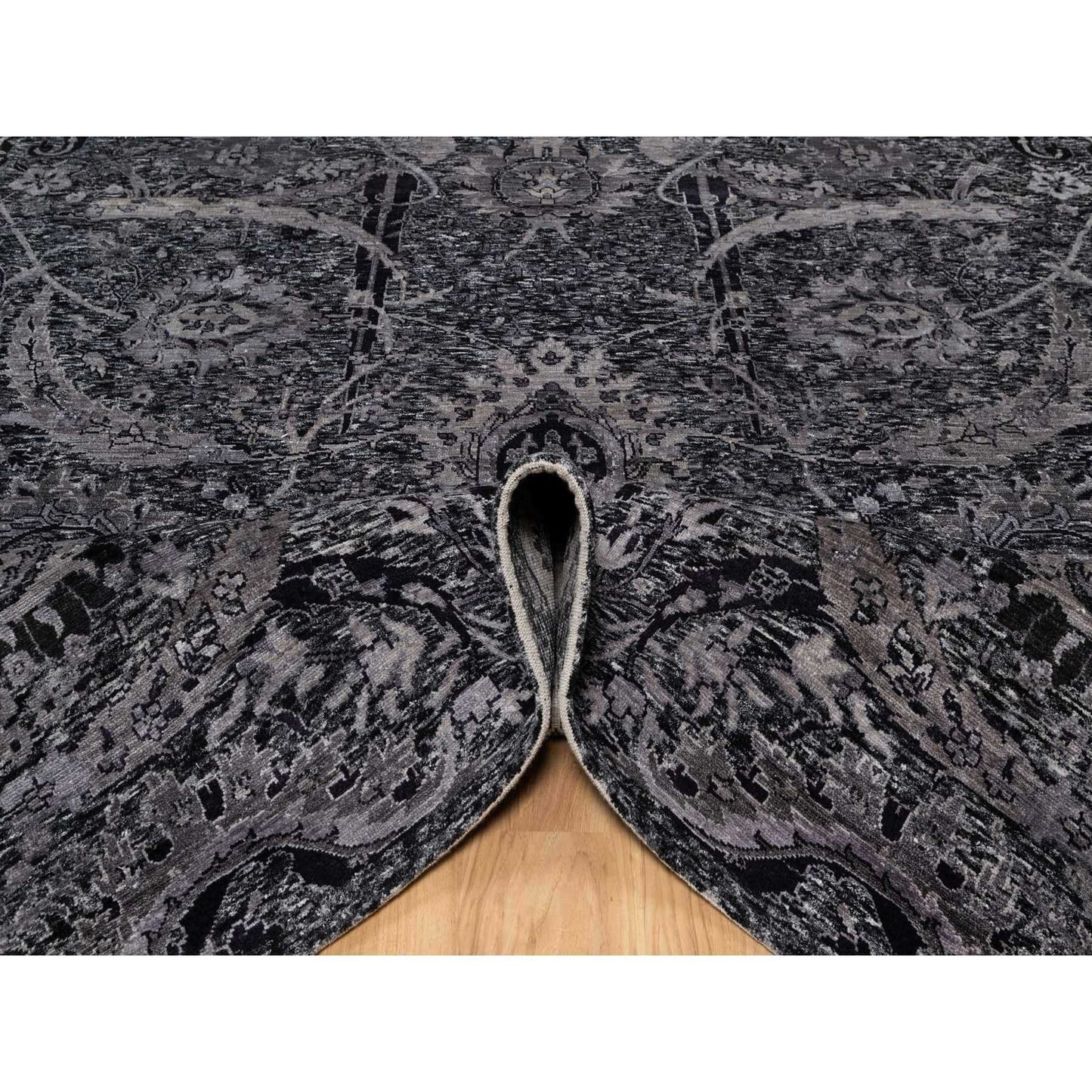 8'1"X10' Black Lush And Plush Hand Knotted Leaf Design Wool And Silk Rug