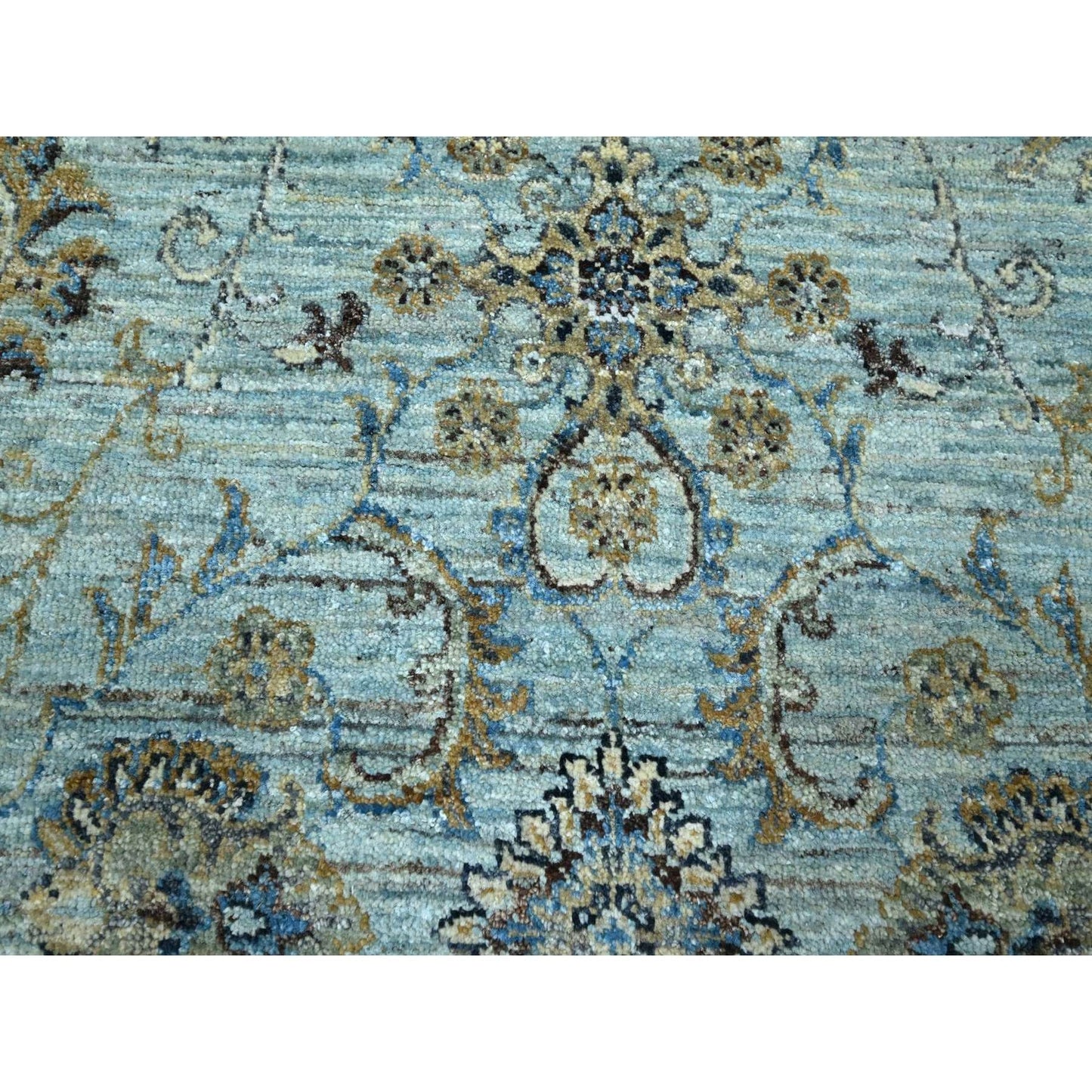 7'2"X7'2" Blue All Over Flower Design Pure Wool Hand Knotted Round Rug