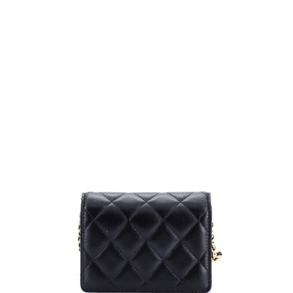 Chanel Camellia Bow Flap Card Holder With Chain Quilted Lambskin