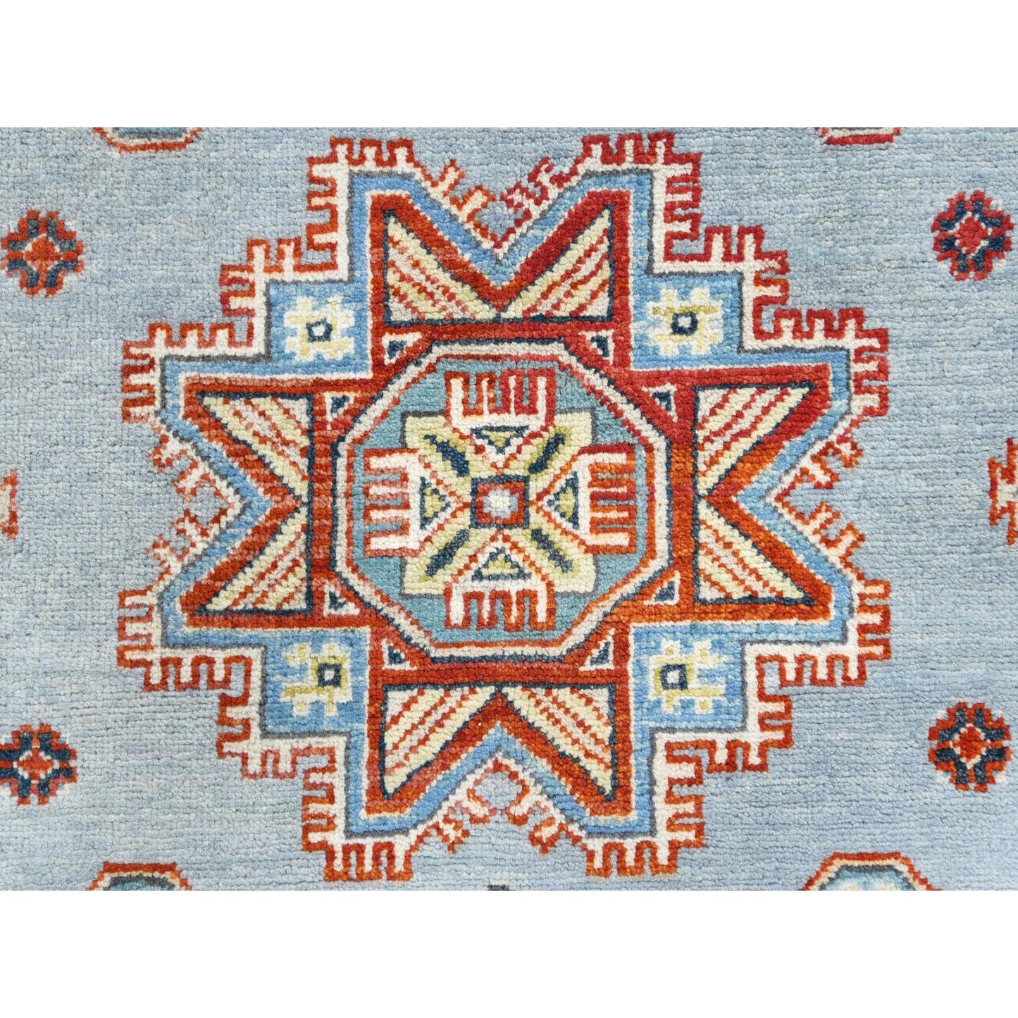 6'1"X8'9" Blue Special Kazak With Geometric Design Wool Hand Knotted Rug