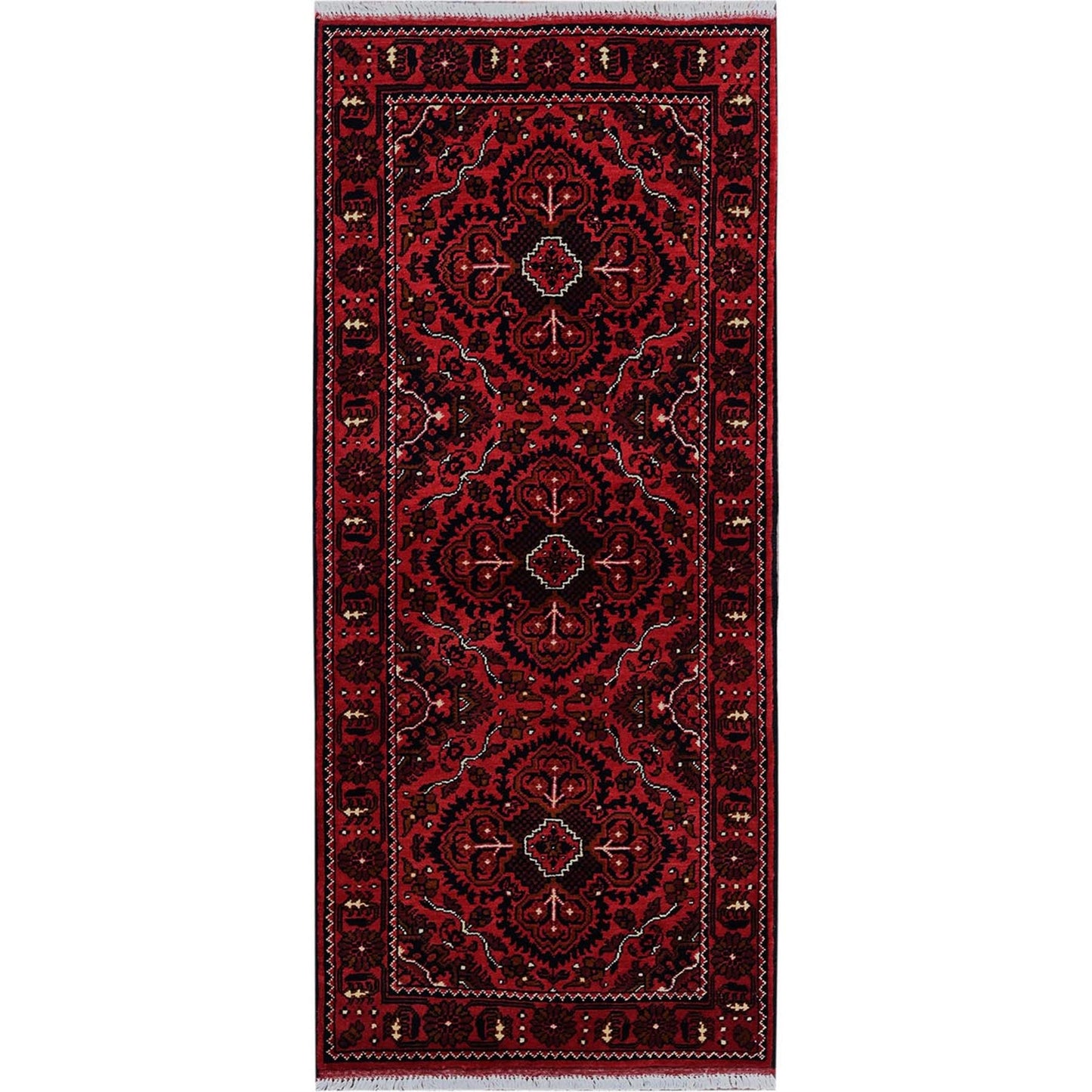 2'3"X5'2" Red Hand Knotted Afghan Khamyab Tribal Design All Wool Runner Rug