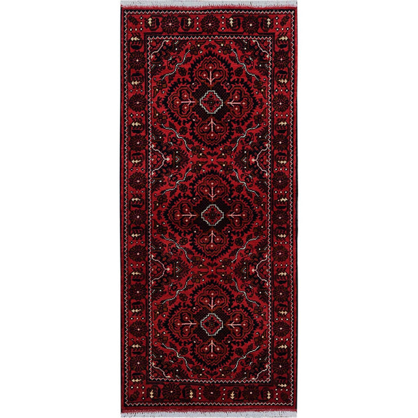2'3"X5'2" Red Hand Knotted Afghan Khamyab Tribal Design All Wool Runner Rug