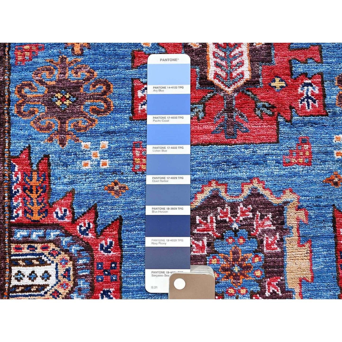 2'10"X4'9" Blue Afghan Caucasian Design Revival Hand Knotted Soft Wool Rug
