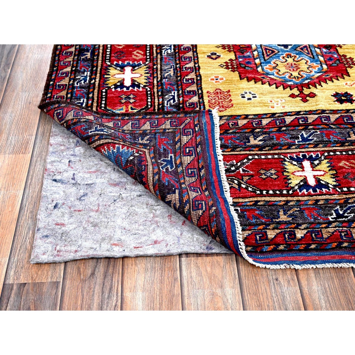Soft Wool Hand-Knotted Afghan Rug in Yellow with Caucasian Design (8'3"x9'8")