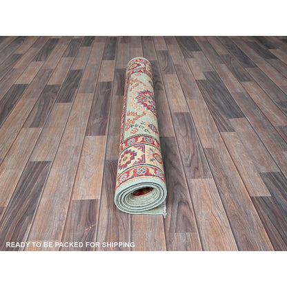 3'5"X5' Honeydew Green Kazak With Tribal Design Soft Wool Hand Knotted Rug
