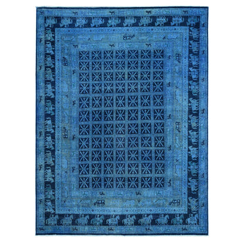 9'X12' Blue Overdyed Peshawar Pazyryk Design Pure Wool Hand Knotted Rug