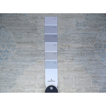 3'1"X12' Blue Gray White Wash Peshawar Shiny Wool Hand Knotted Runner Rug