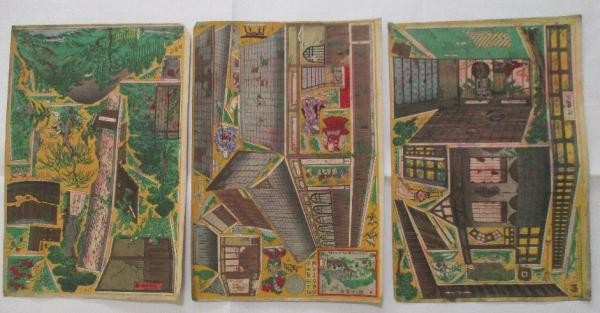 Woodblock print Baido Kunimasa Meiji era temple ancient Japanese triptych Genji.