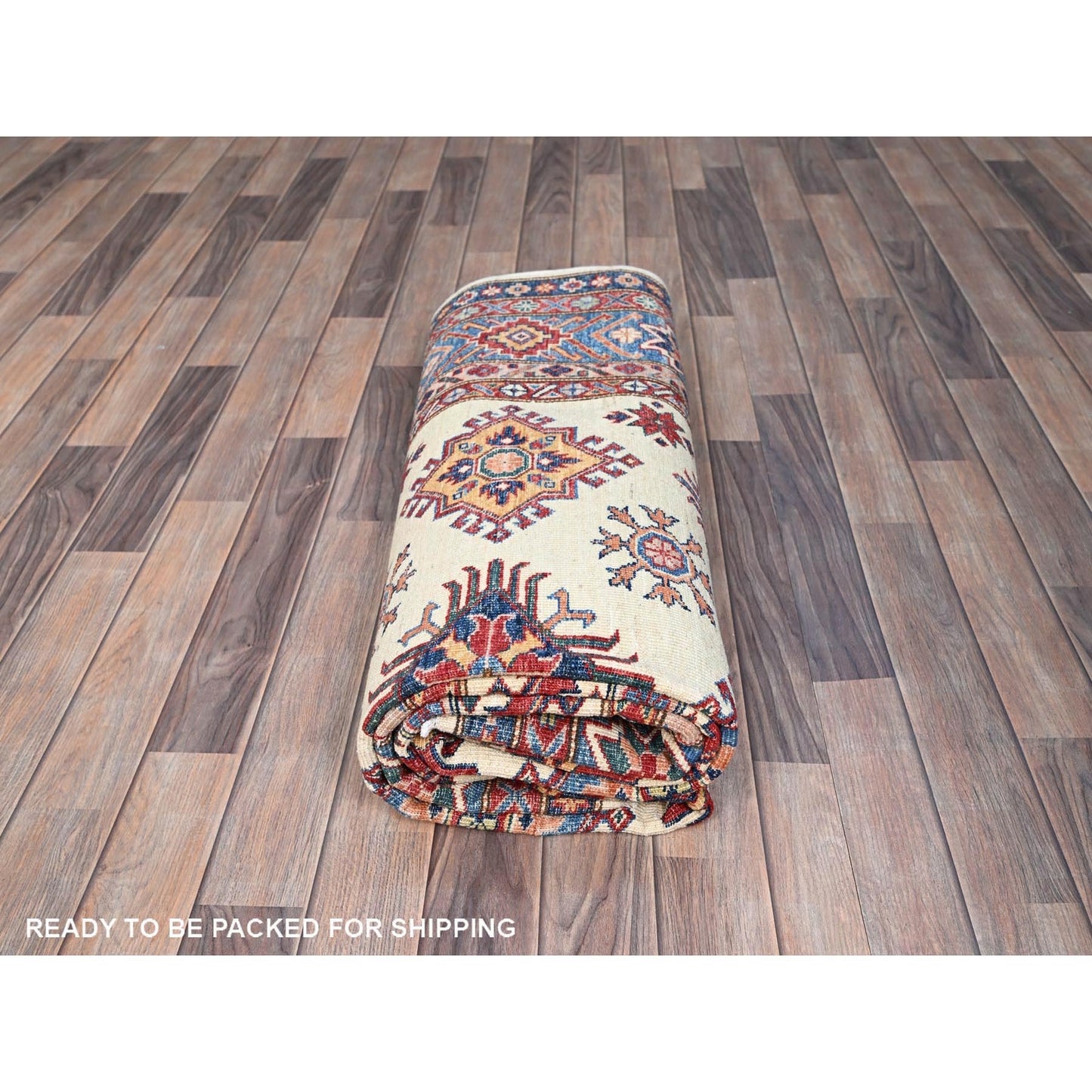 6'X9'3" Heron White Wool Hand Knotted Super Kazak Geometric Oriental Rug