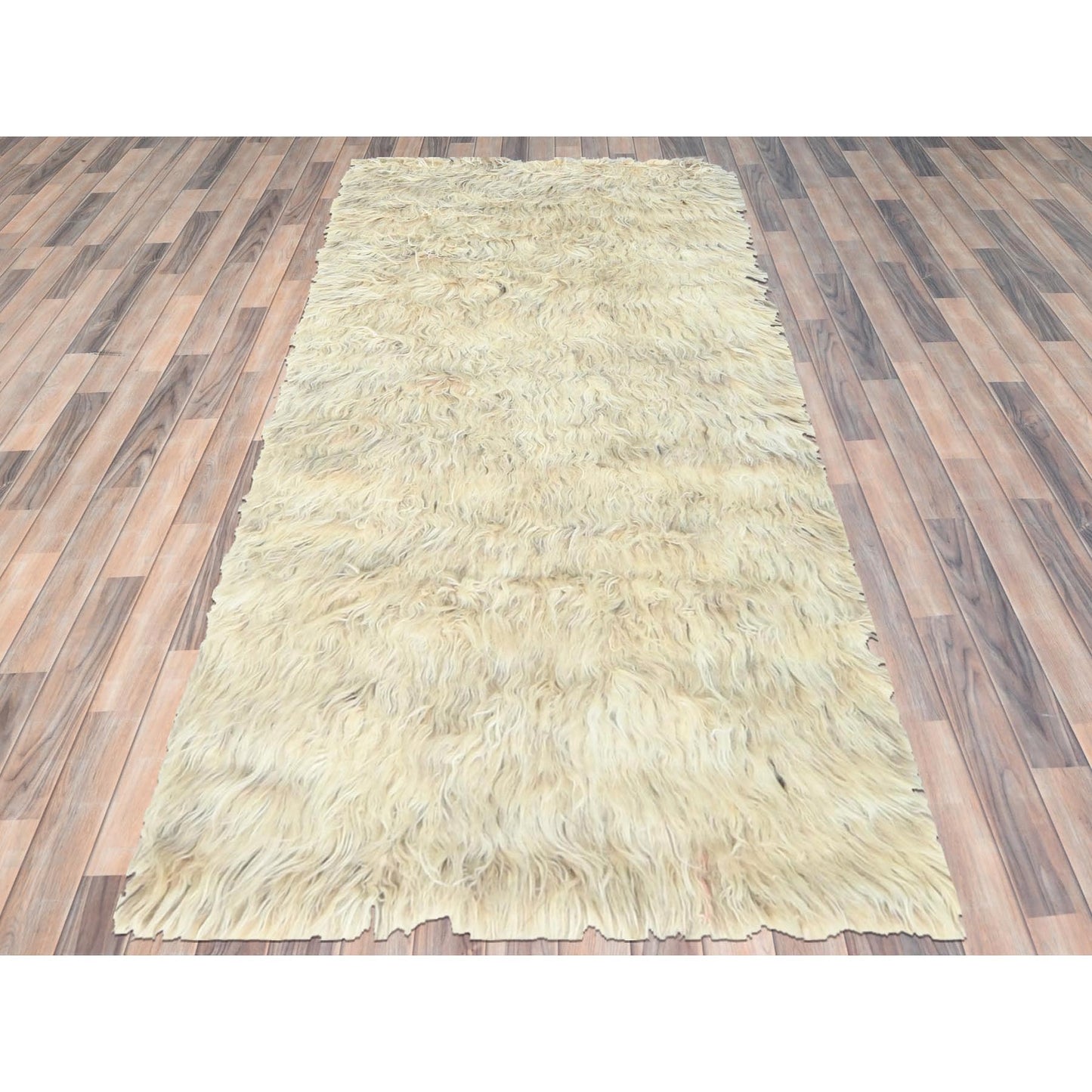 3'X5'4" Beige Undyed Natural Wool Hand Knotted Shaggy Moroccan Rug