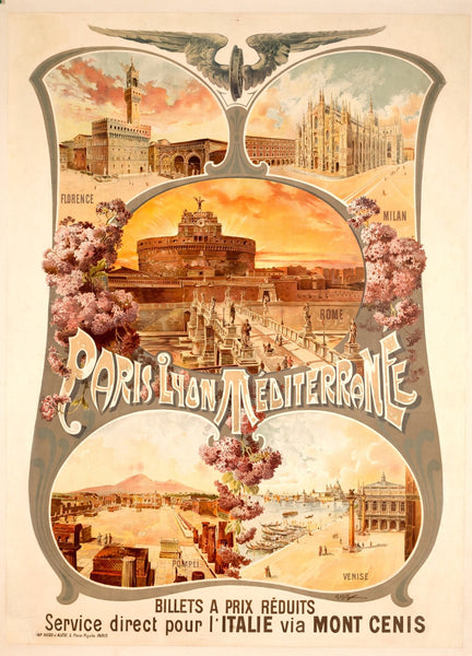 Rome Venice Pompeii Milan Florence Carlo Cussetti 1900 Italian Poster