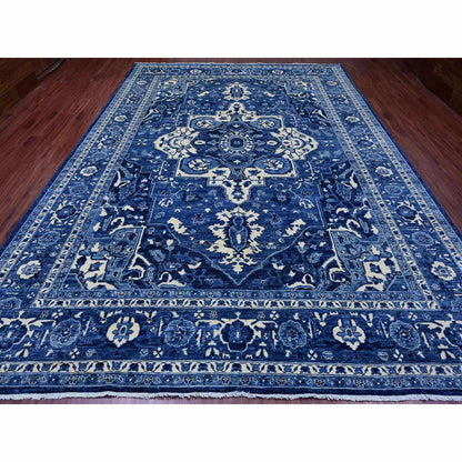 10'X13'10" Denim Blue Seeripe Heris Revival Ghazni Wool Hand Knotted Rug