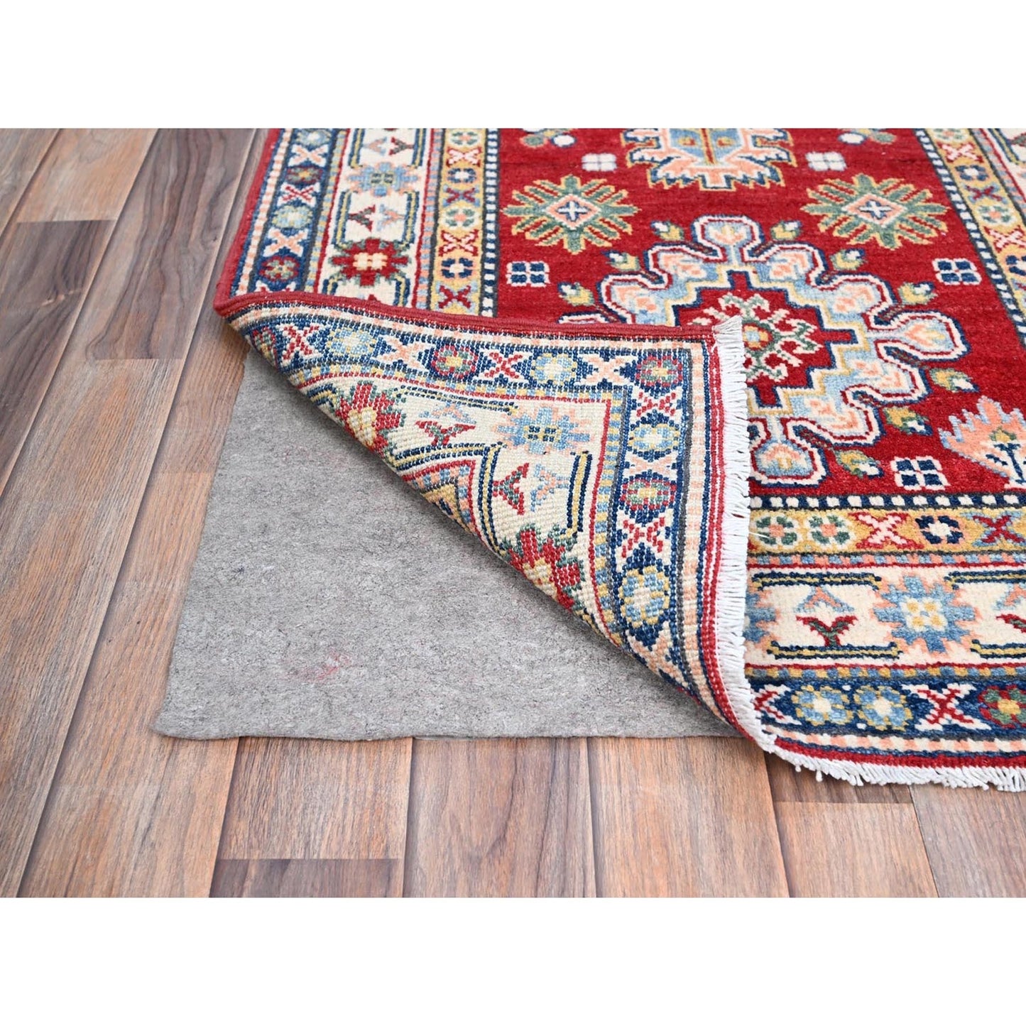 2'9"X6'10" Red Hand Knotted Wool Denser Weave Kazak Runner Oriental Rug