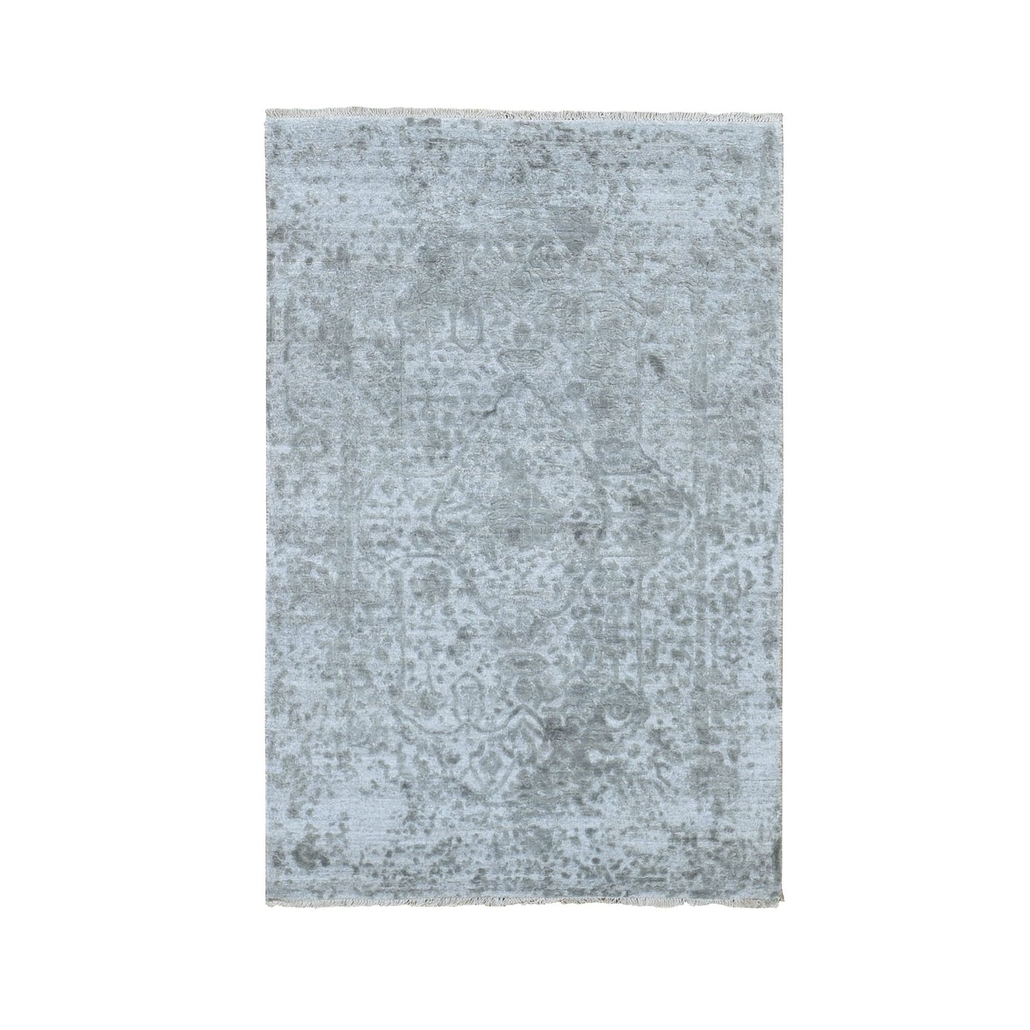 3'2"x5'1" Gray Broken Zoroastrian Design Hand Knotted Wool and Silk Rug