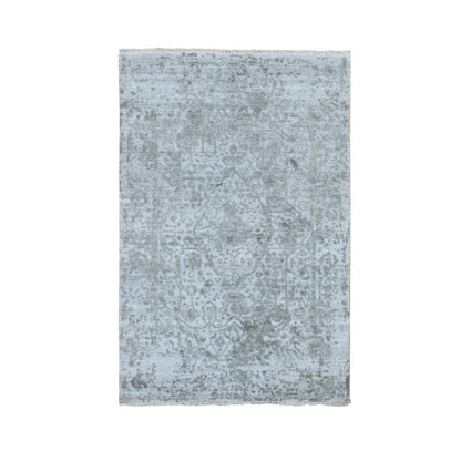 3'2"x5'1" Gray Broken Zoroastrian Design Hand Knotted Wool and Silk Rug