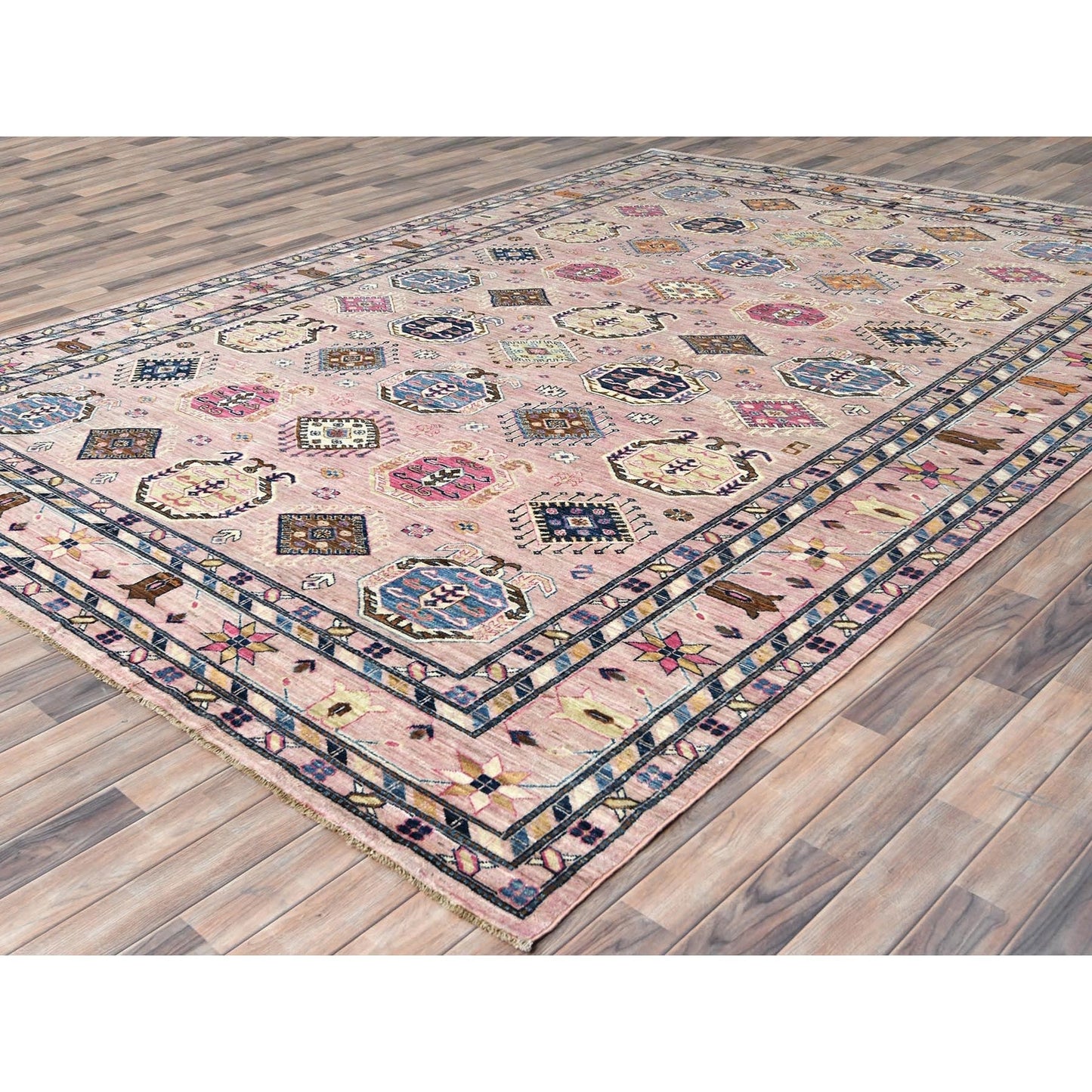 8'10"x12' Blush Pink Organic Wool Hand Knotted Afghan Super Kazak Rug