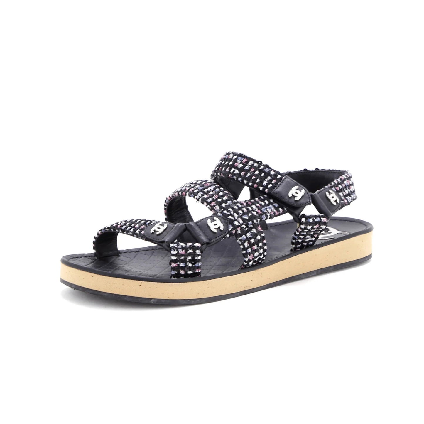 Chanel Women'S Crystal Cc Sandals Tweed