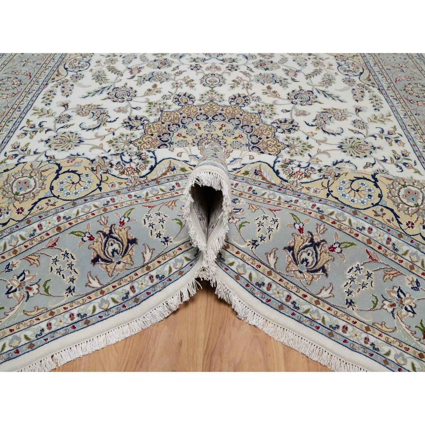 7'8"X10'2" Daisy White Nain Floral Design Hand Knotted Wool And Silk Rug