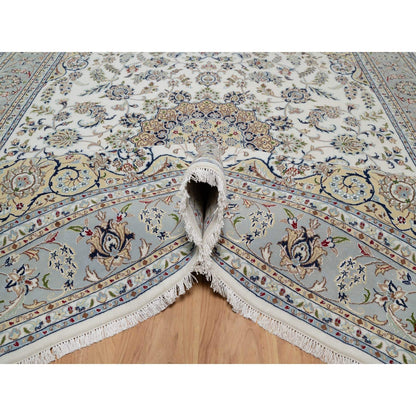 7'8"X10'2" Daisy White Nain Floral Design Hand Knotted Wool And Silk Rug