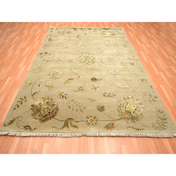 8'X10' Ecru Brown Wool & Silk Botanical Design Hand Knotted Oriental Rug