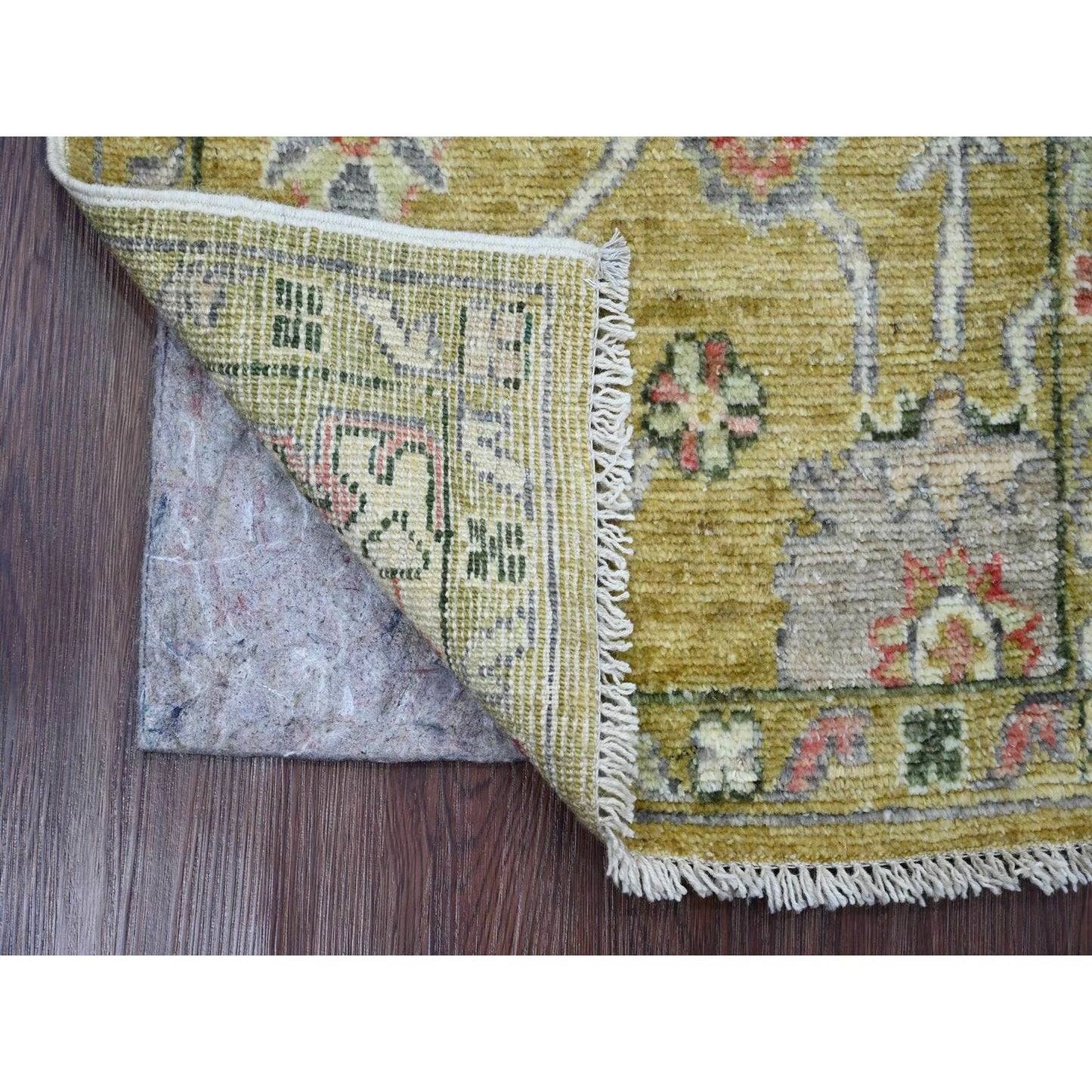 2'X3'1" Yellow Hand Knotted Afghan Angora Oushak Leaf Design Wool Mat Rug