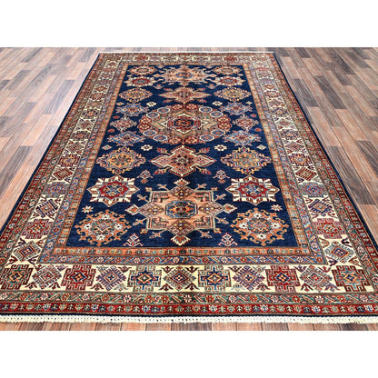 5'10"X8'10" Navy Blue Afghan Super Kazak Hand Knotted Soft Wool Rug