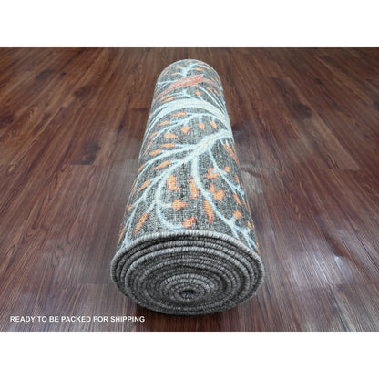 2'7"X23'7" Gray Afghan Peshawar Birds Design Hand Knotted Wool Runner Rug