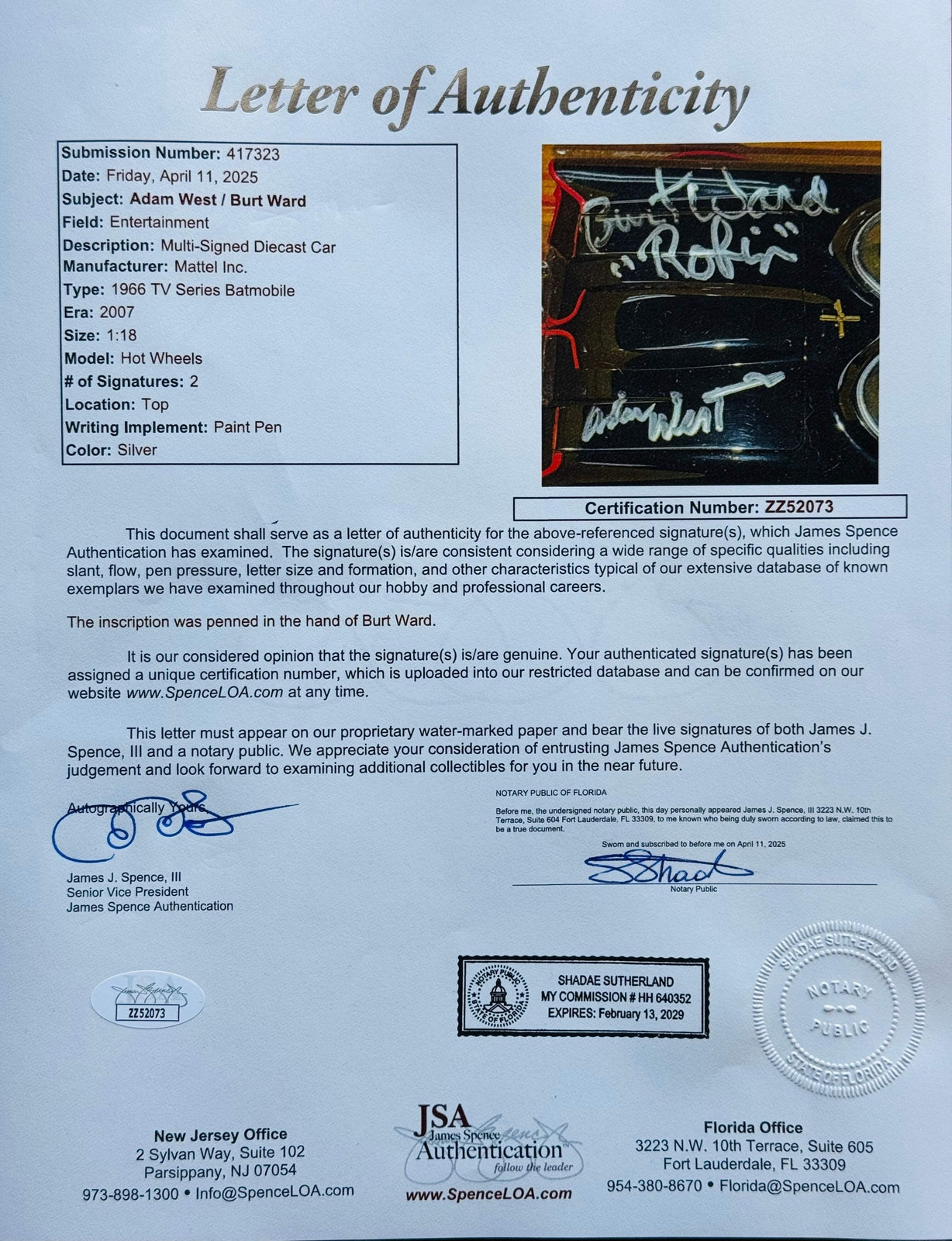 Adam West & Burt Ward Autographed Batman&Robin 1:18 Scale Hot Wheels Batmobile (