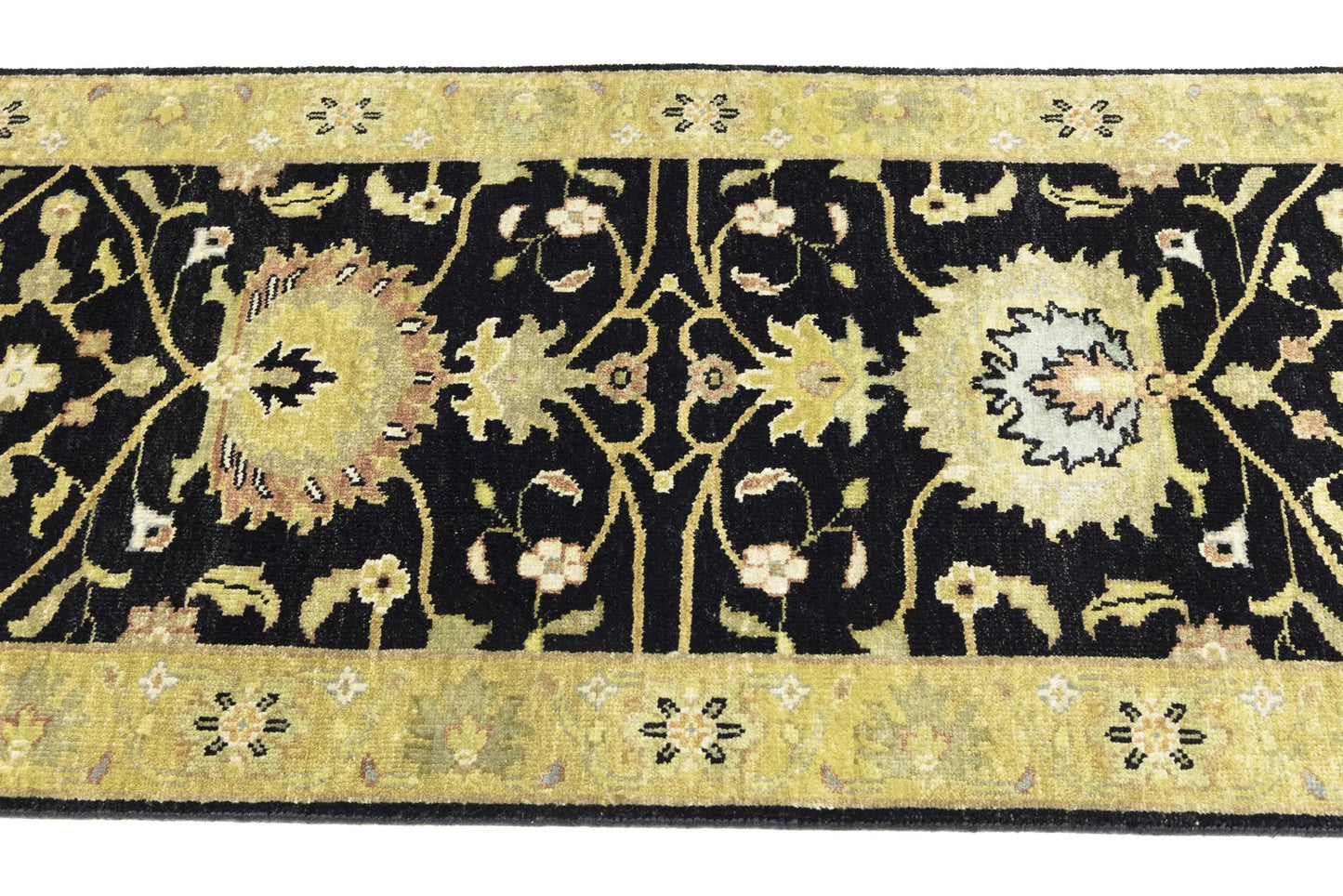 Hand-Knotted Oushak Oriental Wool Runner Rug Floral Black Carpet 2'5x7'11 ft