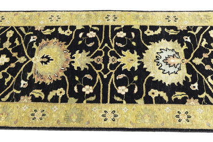 Hand-Knotted Oushak Oriental Wool Runner Rug Floral Black Carpet 2'5x7'11 ft