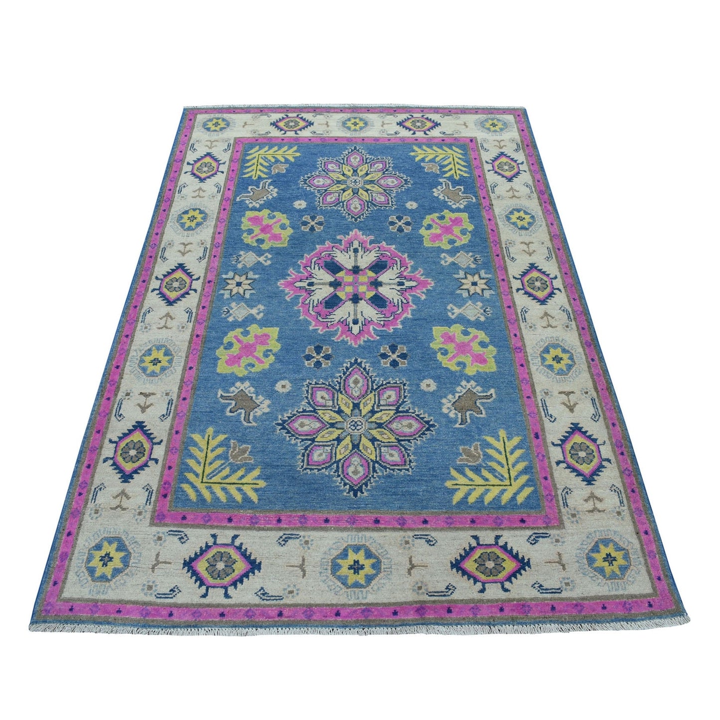 4'X6'4" Colorful Blue Fusion Kazak Pure Wool Hand Knotted Oriental Rug