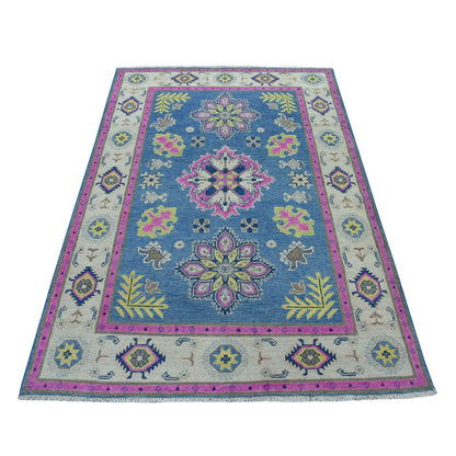 4'X6'4" Colorful Blue Fusion Kazak Pure Wool Hand Knotted Oriental Rug