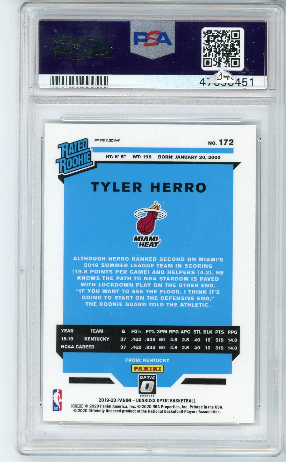 Tyler Herro 2019 Panini Donruss Optic #172 (Psa