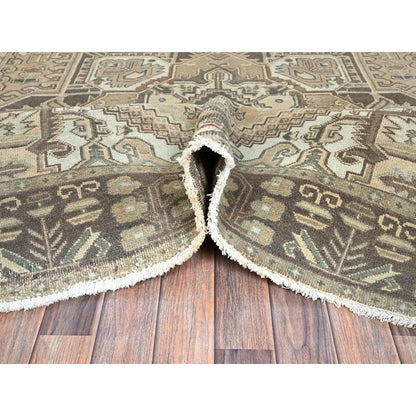6'7"X9'3" Khaki Brown Vintage Zoroastrian Heris Hand Knotted Pure Wool Rug