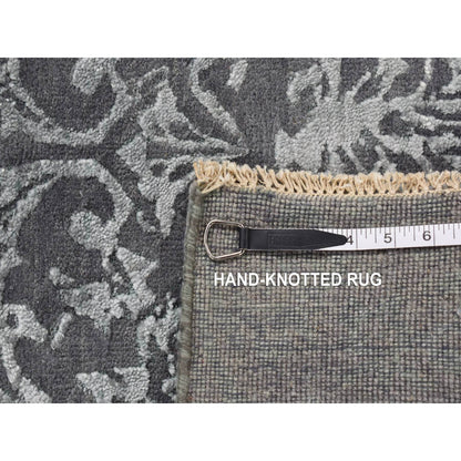 2'9"X6'9" Gray Erased Abarasque Design Wool And Silk Handmade Runner Rug