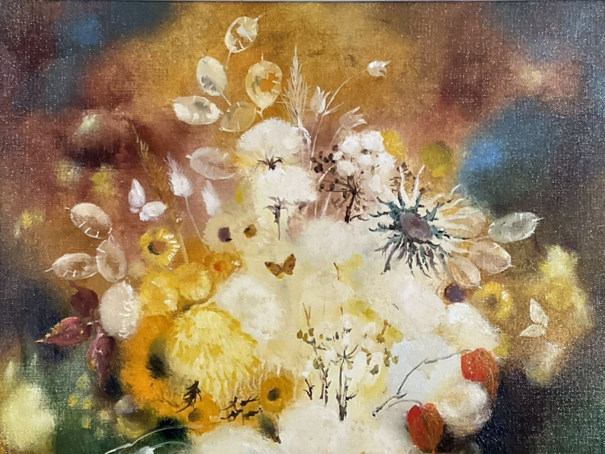 Yves Chaix Oil Painting Bouquet Blanc et Or French Modern Floral Art Framed