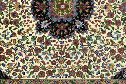 Handmade Kirman Oriental Rug Cream & Blue Floral