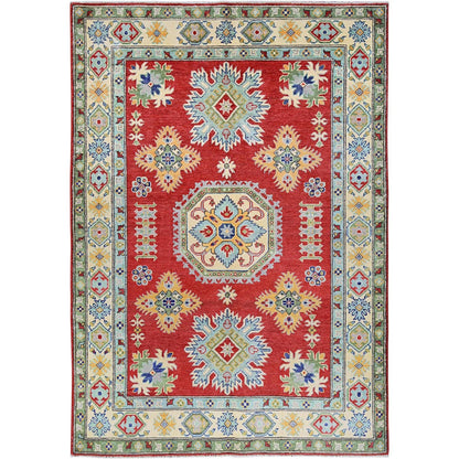 4'10"X6'10" Red Kazak With Tribal Motif Hand Knotted Soft Wool Oriental Rug
