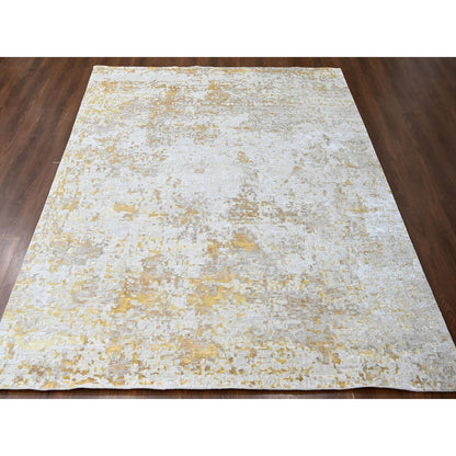 9'X12' Beige With Gold Abstract Design Wool And Silk Hand Knotted Rug