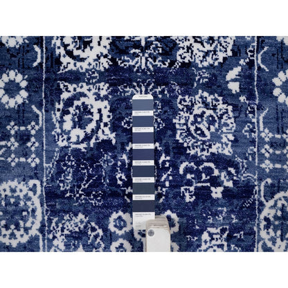 2'6"X6' Ensign Blue Wool And Silk Rug Tebraz With Leaf Design Hand Knotted