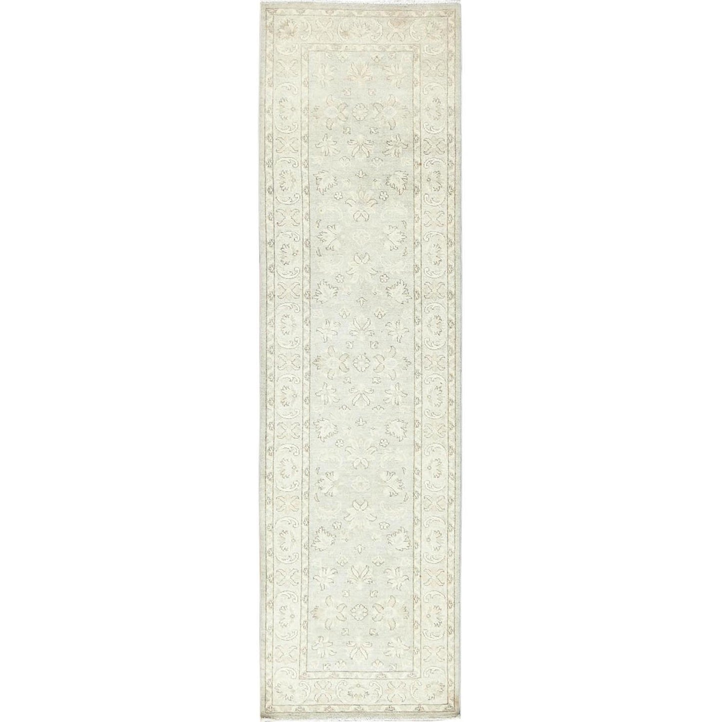 2'9"X9'7" Ivory Hand Knotted Afghan Stone Washed Peshawar Wool Runner Rug