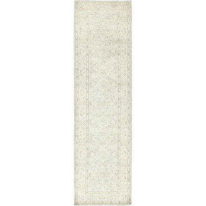 2'9"X9'7" Ivory Hand Knotted Afghan Stone Washed Peshawar Wool Runner Rug