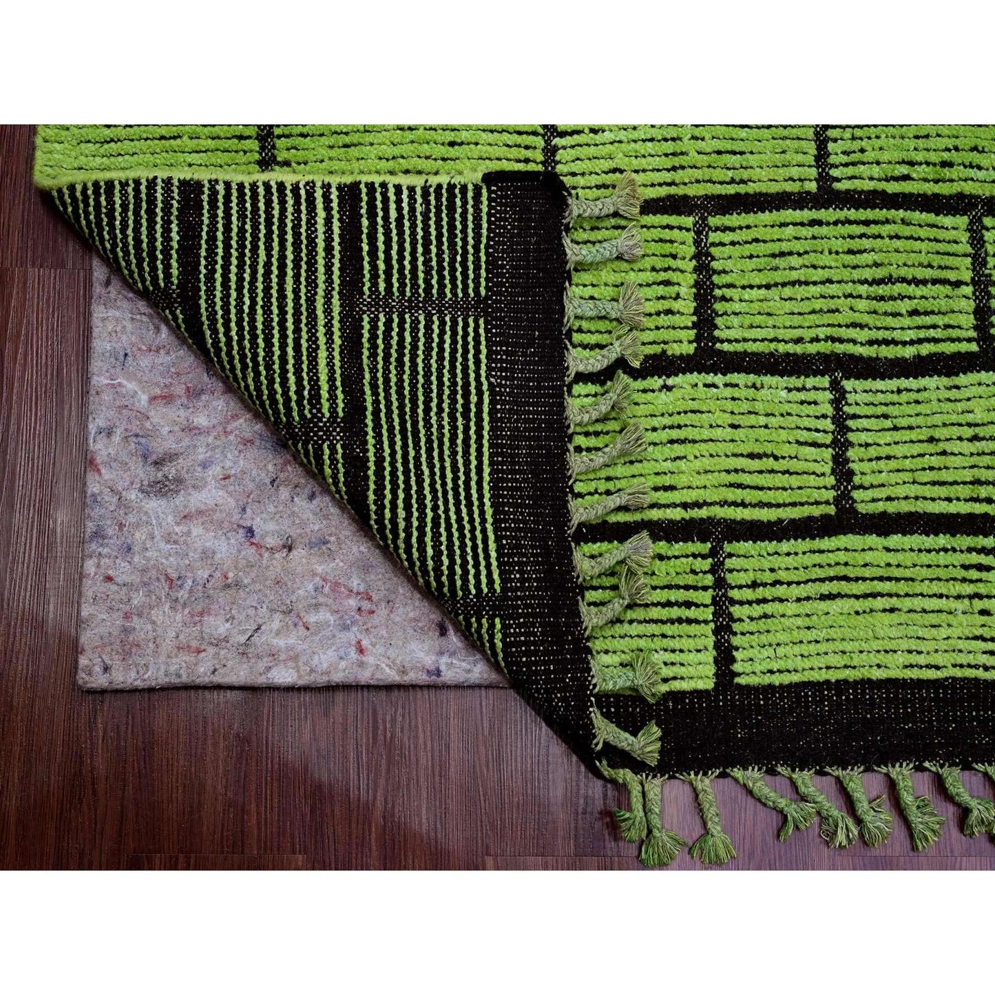 8'2"X10'6" Green Hand Knotted Moroccan Weave Brick Design Pure Wool Rug