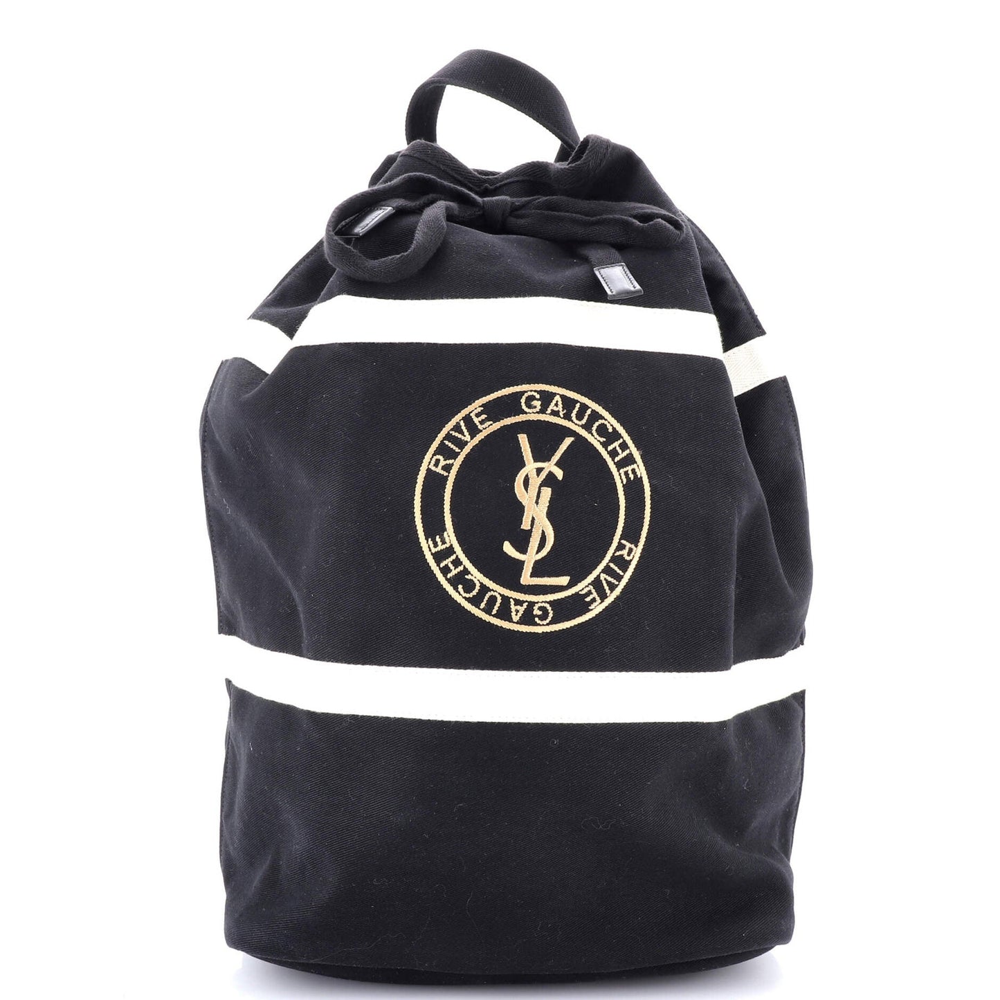 Saint Laurent Rive Gauche Drawstring Sling Bag Stripe Canvas Medium